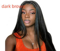 Long straight black wig with centre-parted bangs on a model, showing European-American style.