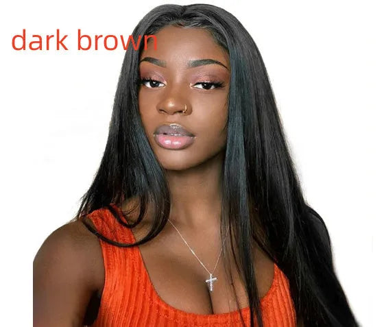 Long straight black wig with centre-parted bangs on a model, showing European-American style.