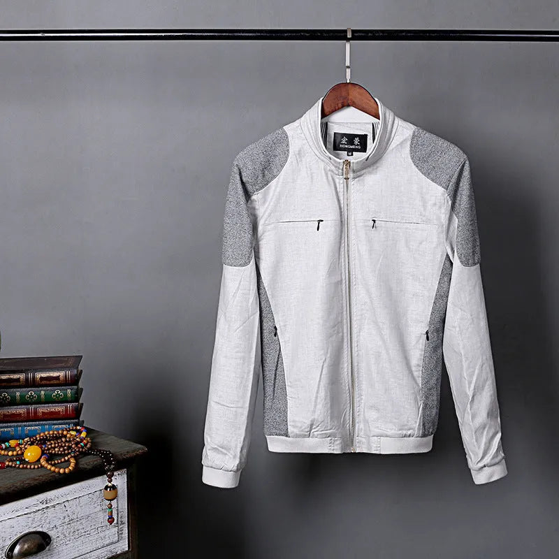 Men's thin linen jacket in cotton fabric showing regular fit with heather grey, grass green and blue colour options