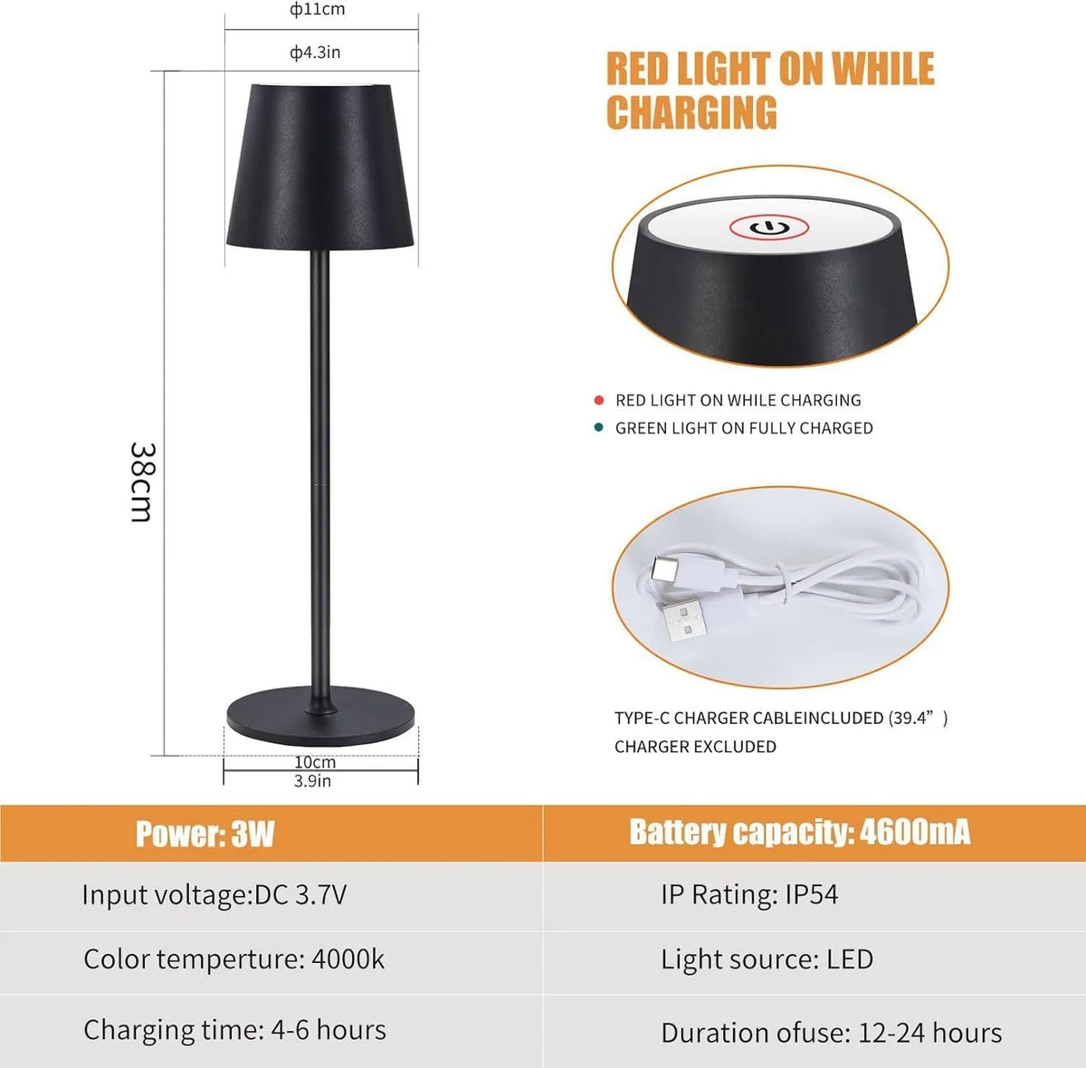 Rechargeable table lamp, 10 x 38cm, waterproof creative design, built-in battery, gold black white rose gold blue