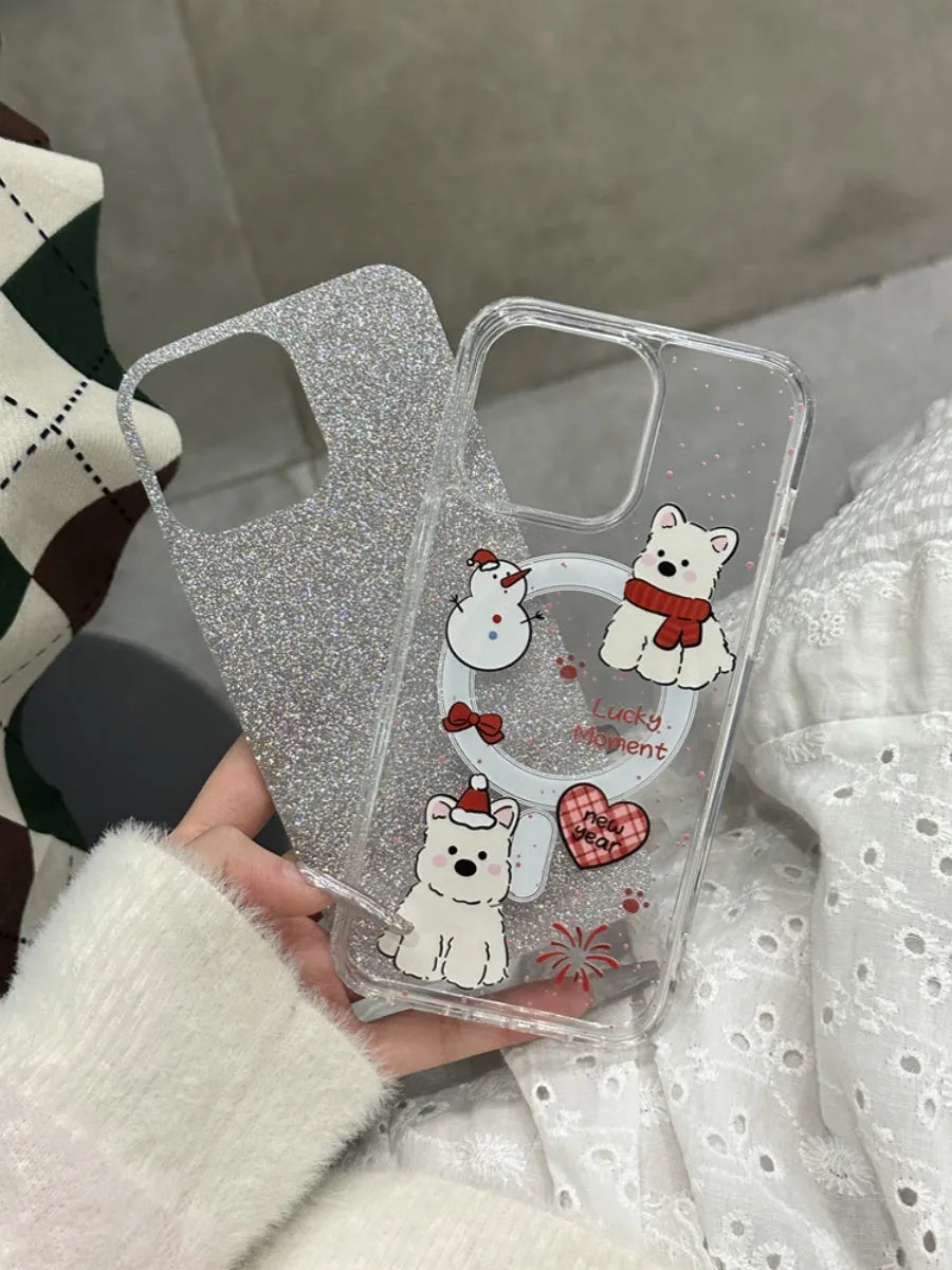 Cartoon red scarf dog magnetic silicone phone case for iPhone with glitter fireworks print