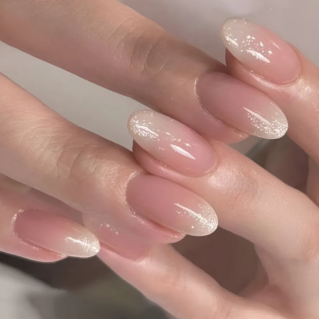 Short oval glitter French wear finished nail plates in colour JP2324 with glue included