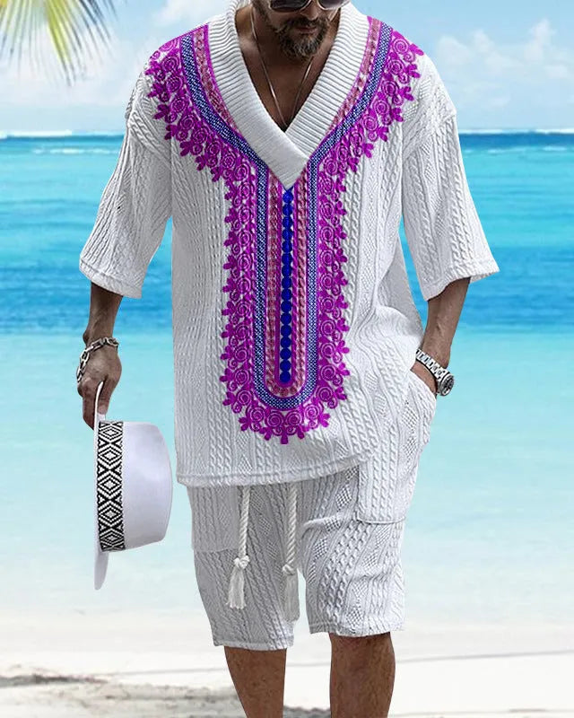 Men's printed knitted drop-shoulder short-sleeved top and shorts lounge set.