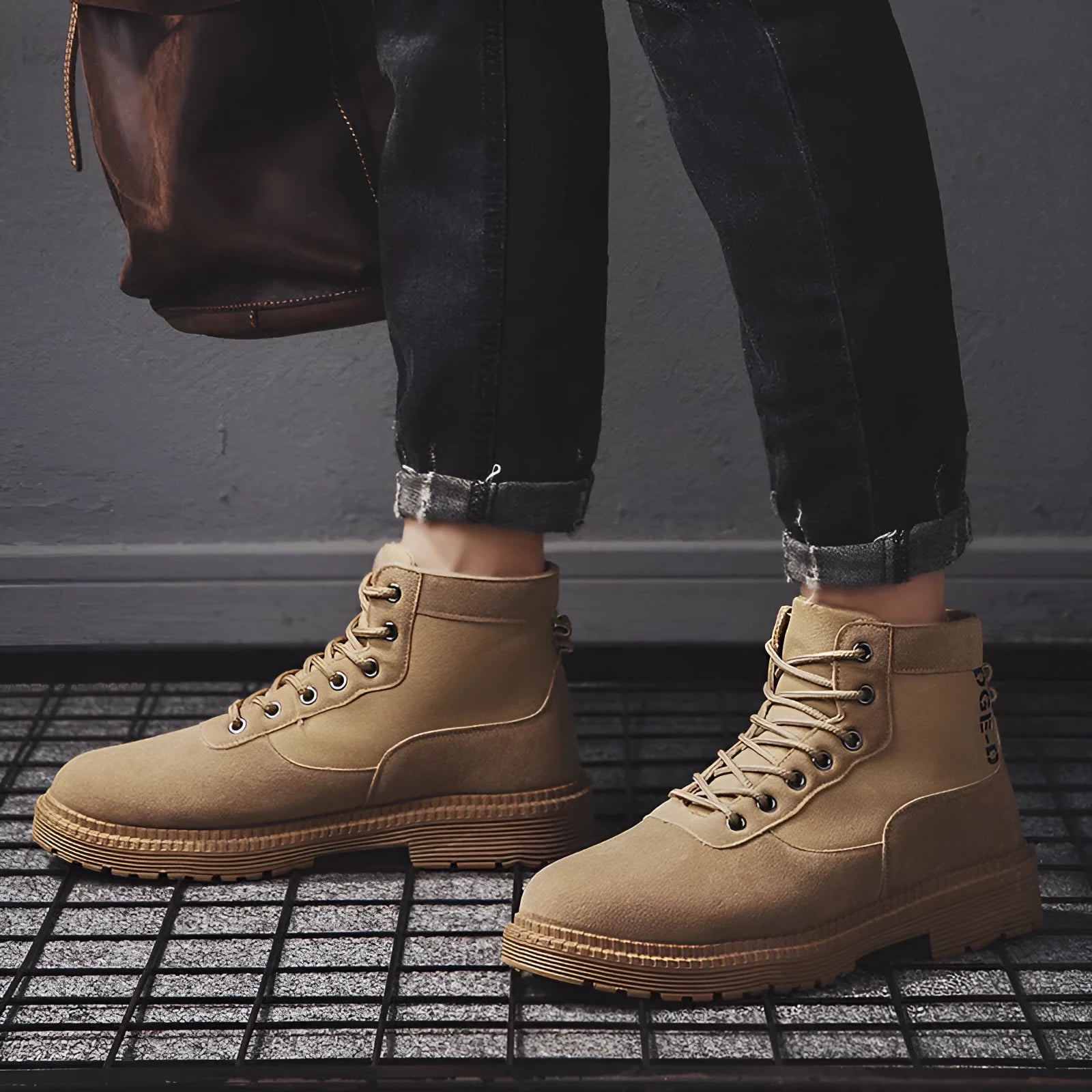 Men's black Martin boots high top PU upper rubber sole flat heel round toe leather stitching side view