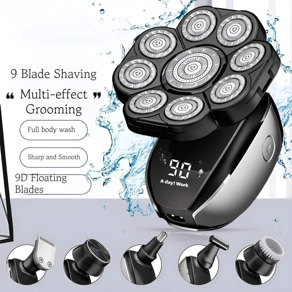 Black rechargeable 6-in-1 hair clippers shaver kit with multiple grooming attachments on display