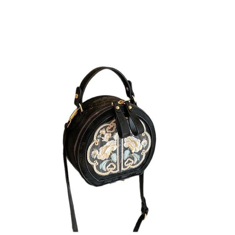 Chinese embroidery messenger bag in PU leather with square shape and adjustable shoulder strap