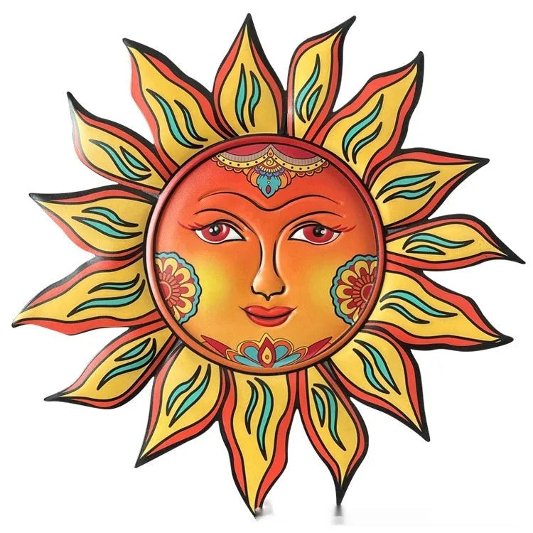Round iron sun face wall hanging with sunburst design for indoor garden decor
