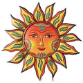 Round iron sun face wall hanging with sunburst design for indoor garden decor