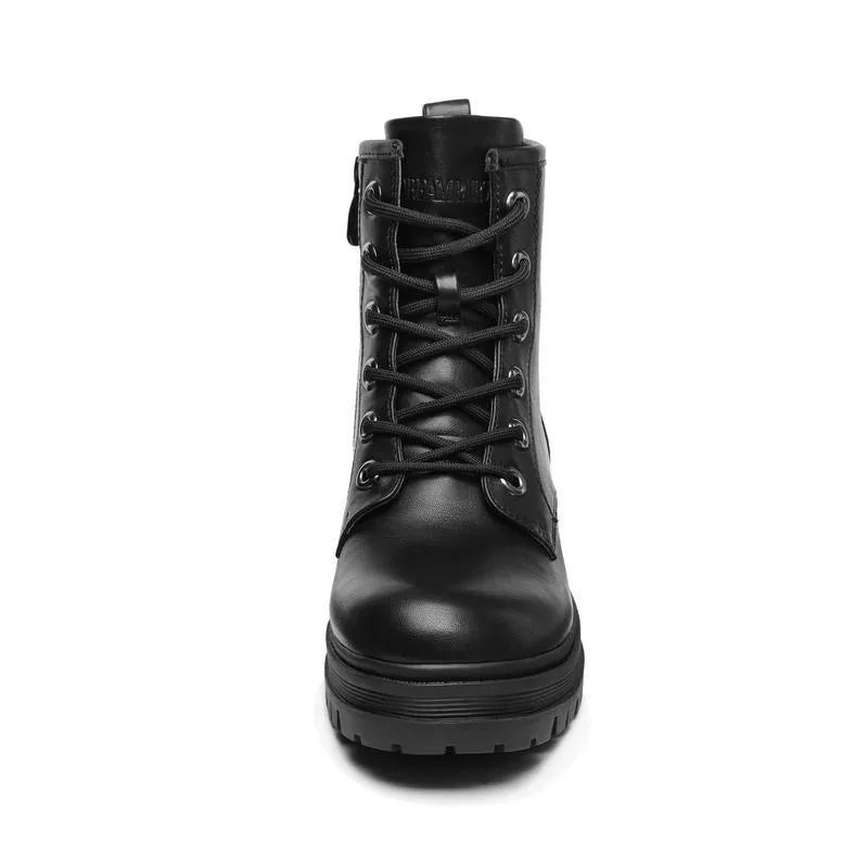 Women's flat lace up satin over the knee booties in black, flat sole, beyond knee length, lace up front