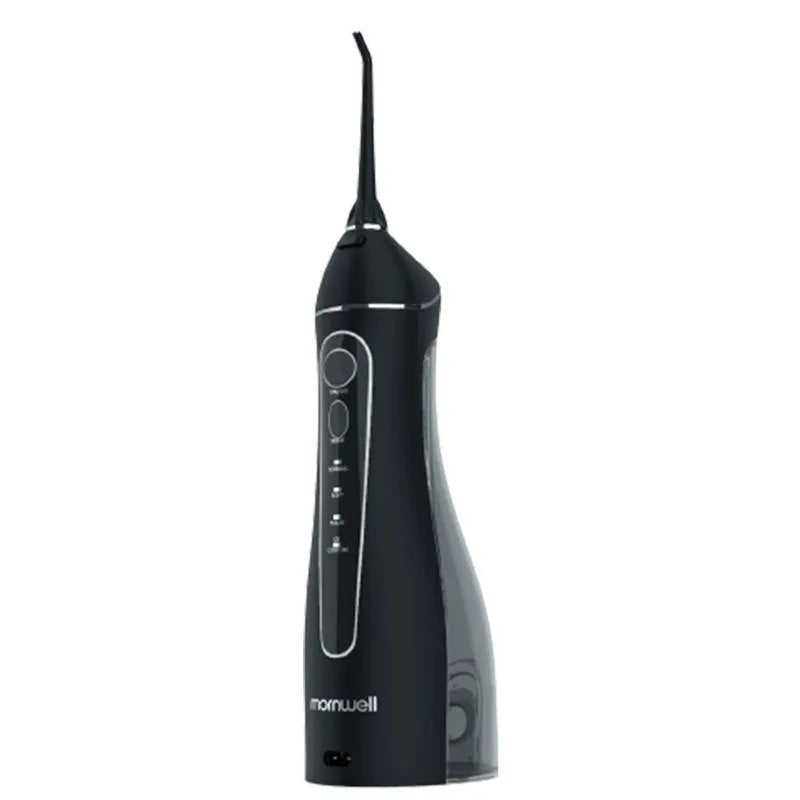 Black portable oral irrigator with water reservoir and nozzle for adult dental cleaning