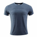A short-sleeved red polyester spandex sports T-shirt laid flat, designed for running and workouts.