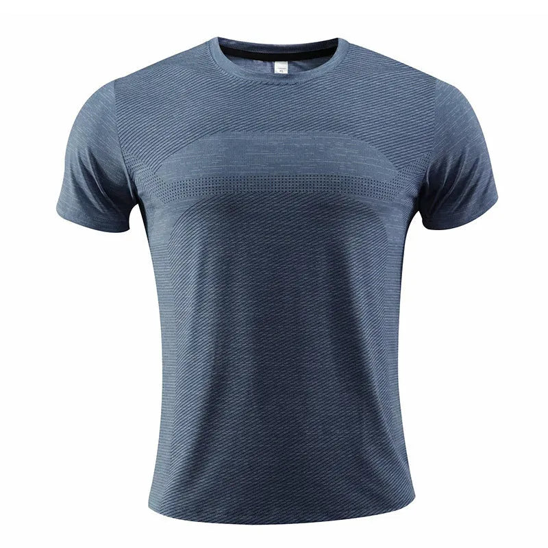 A short-sleeved red polyester spandex sports T-shirt laid flat, designed for running and workouts.
