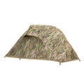 Single soldier camouflage tent shown in outdoor setting with rainproof and sun protection features for camping use