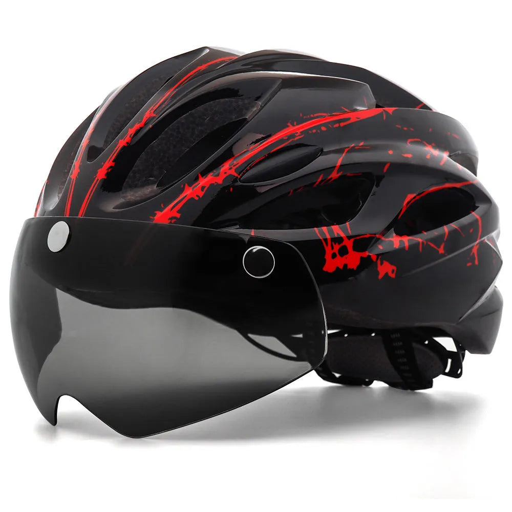 Adult cycling helmet with integrated red LED light on the rear, shown in a black and red colour scheme.