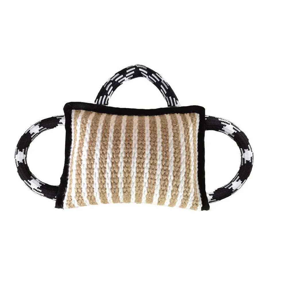 Dog jute bite pillow rope toy with three handles for tug of war games