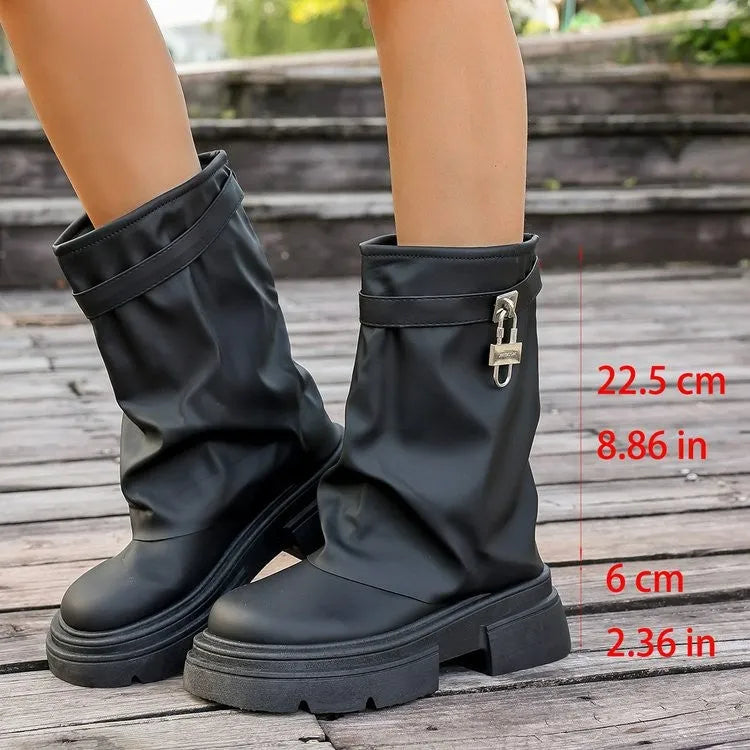 Black women's thick-soled Martin boots with side zipper, round toe, mid heel, synthetic leather upper, cotton lining