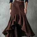 Brown women's maxi skirt with high-low hem and front ruffle detail