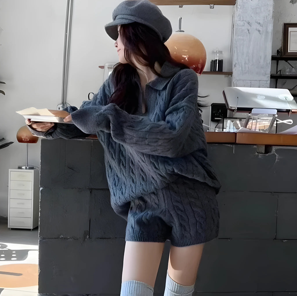 Women's knitted suit set with cable knit pattern, elastic waist shorts, and long sleeves in black, grey, or creamy-white