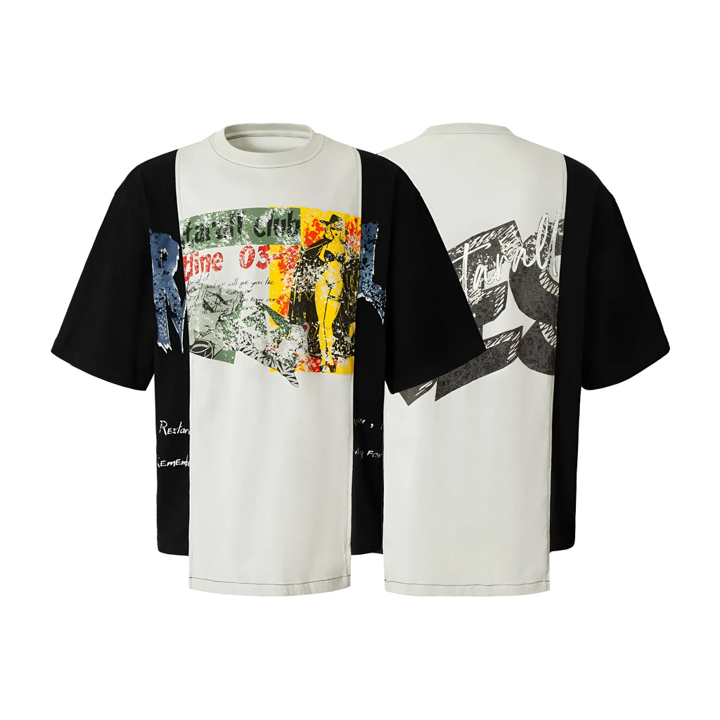 Black and white deconstruction printed cotton blend T-shirt with loose fit and streetwear styling
