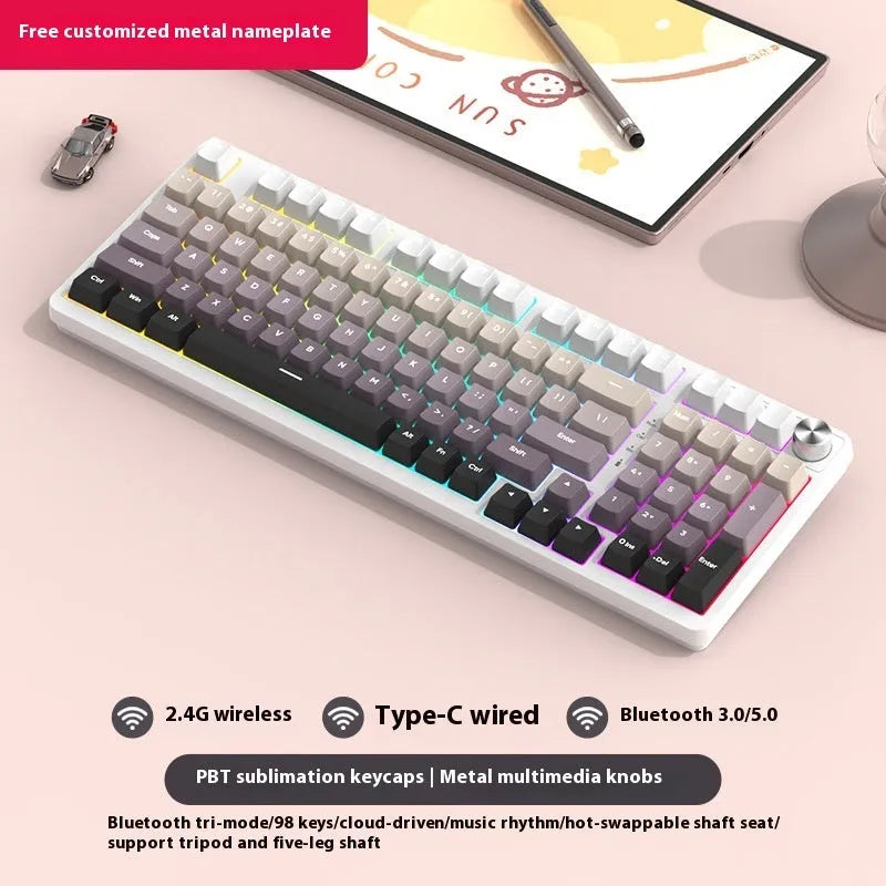 98-key wireless Bluetooth mechanical keyboard kit with metal knob on desk