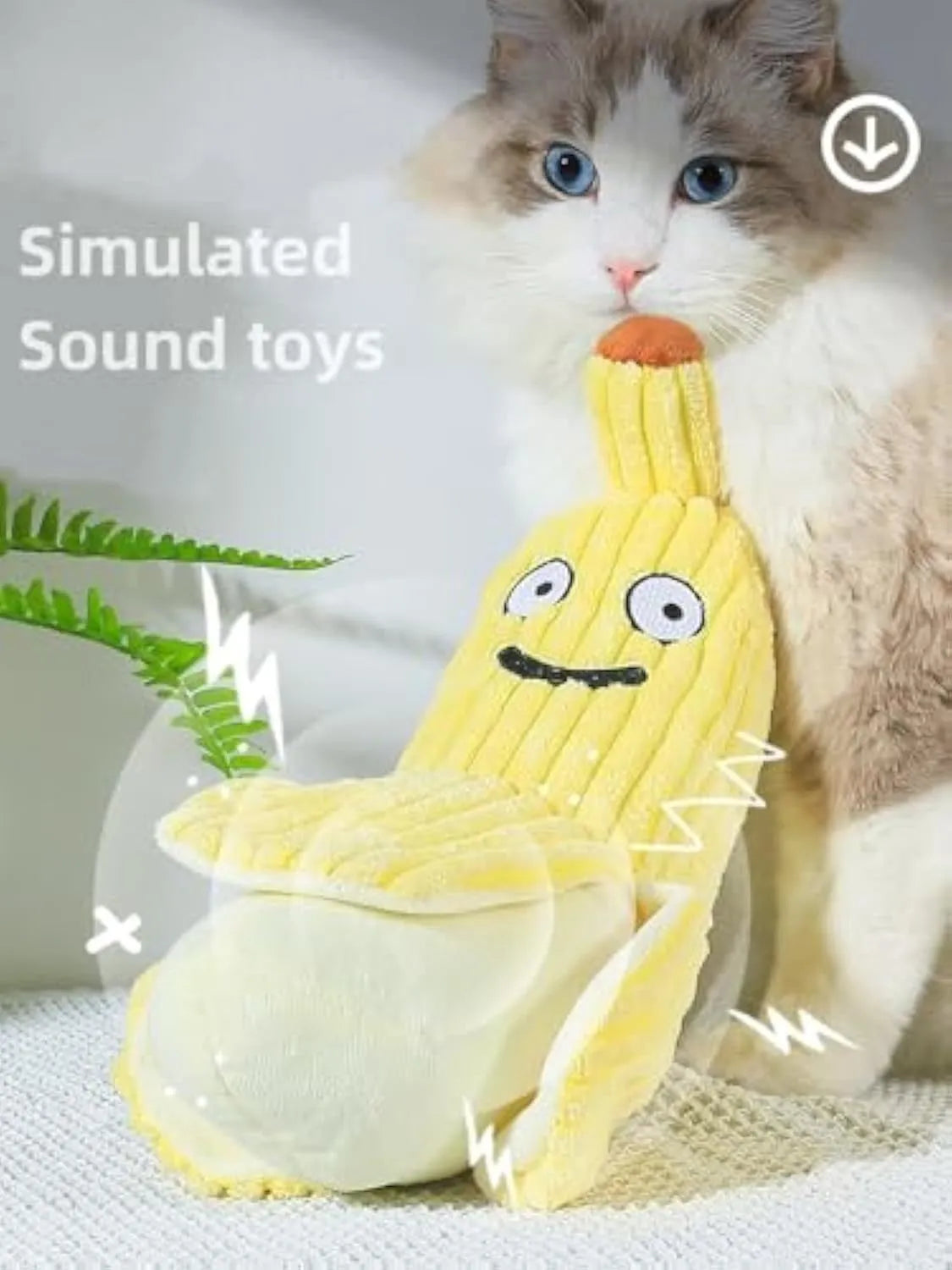 Yellow banana-shaped cat toy with textured surface measuring 13 inches long