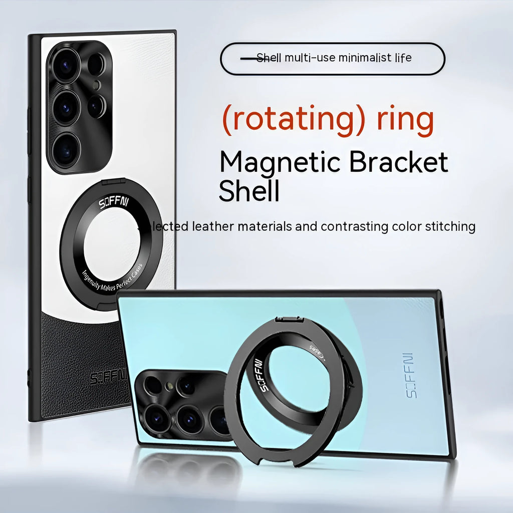 Samsung S23Ultra magnetic ring phone case in contrast colour with embossed imitation leather finish