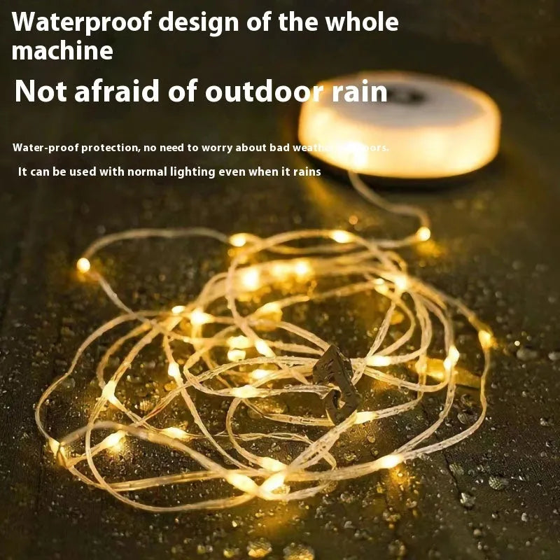 Rechargeable outdoor tent string lighting with 30 LEDs along 8 metres of flexible material