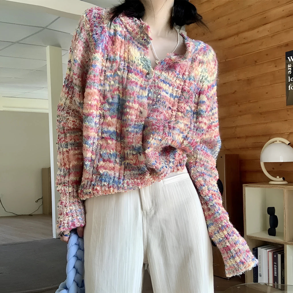 Pink or green slim fit acrylic knitted cardigan sweater with regular sleeves