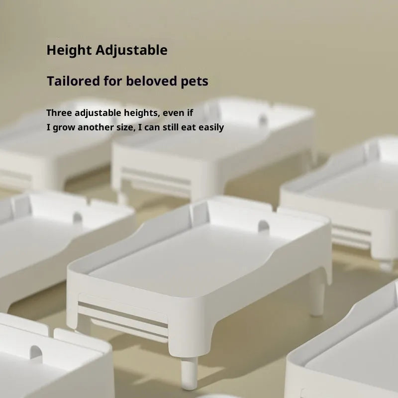 Automatic pet feeder elevated rack in white bracket with PP construction, barrier board, and drawer storage for cats and dogs