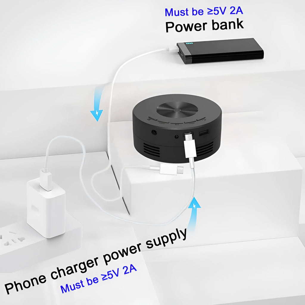 Black mini portable projector for mobile phone projection with compact 110x110x47mm dimensions