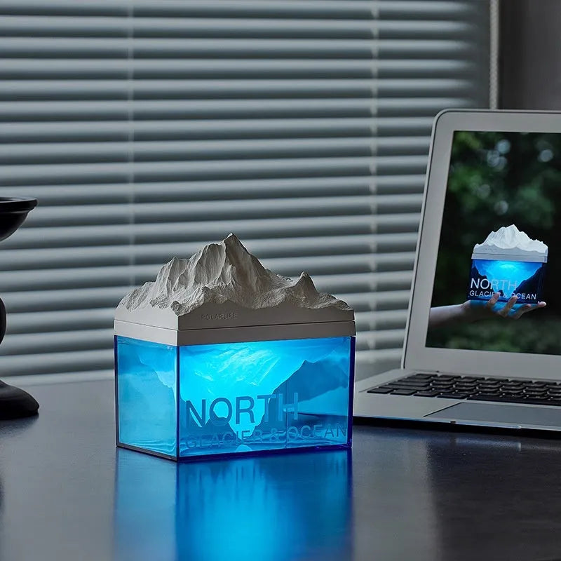 Glacier night light Bluetooth speaker on bedside table with soft ambient glow and compact size 13.8 x 8.5 cm