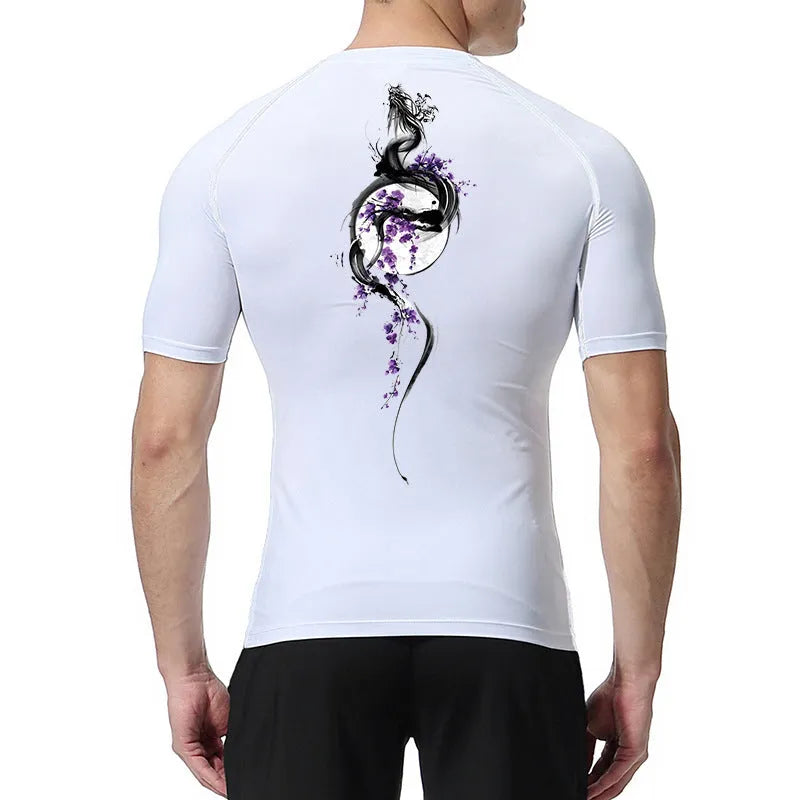 Men's short sleeve shirt with sword pattern print in lightweight polyester blend fabric