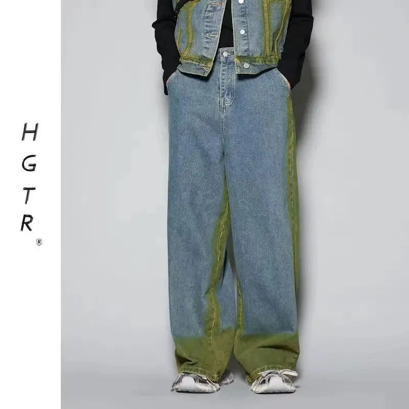 Blue distressed fleece-lined vest and jeans suit with spray colour gradient effect.