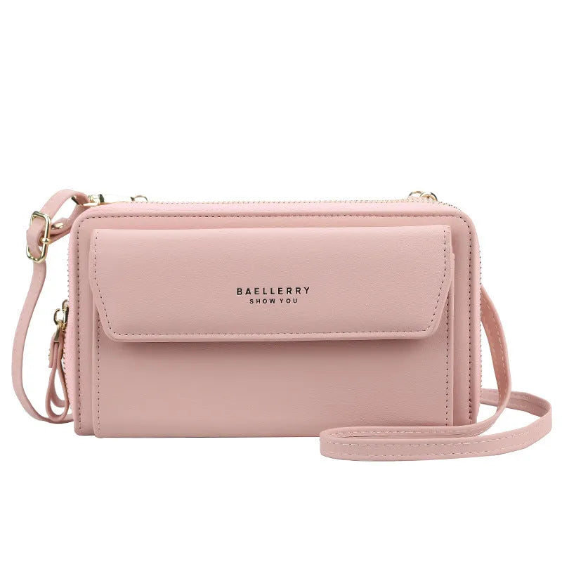 Ladies long PU leather wallet with double zipper in horizontal square design.