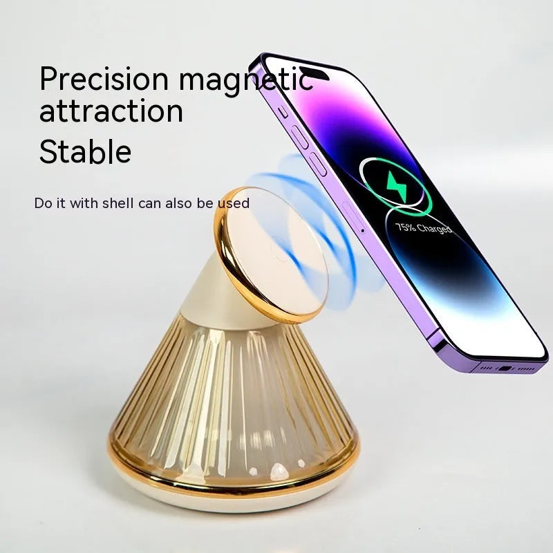 Night table lamp with integrated wireless charging station showing magnetic seat for smartphones
