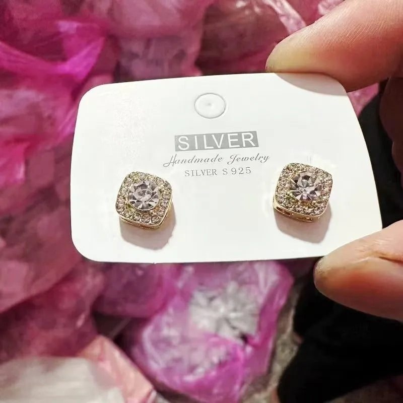 A pair of square geometric diamond-treated alloy earrings in a choice of silver or gold colour.