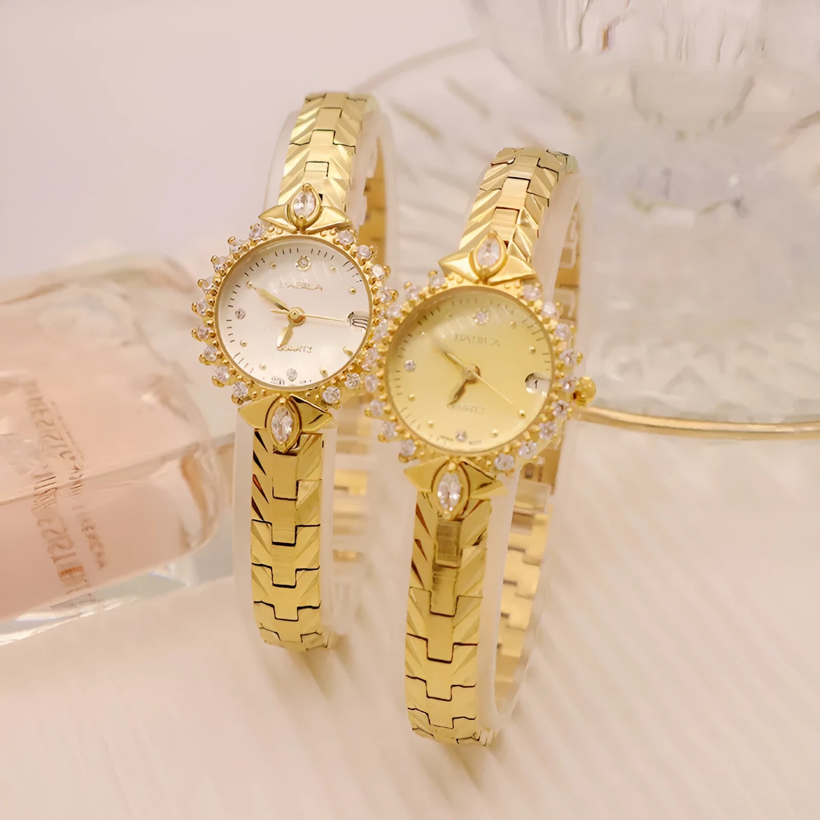 Women's quartz watch with diamond-textured metal bracelet and slim 6mm gold-tone case