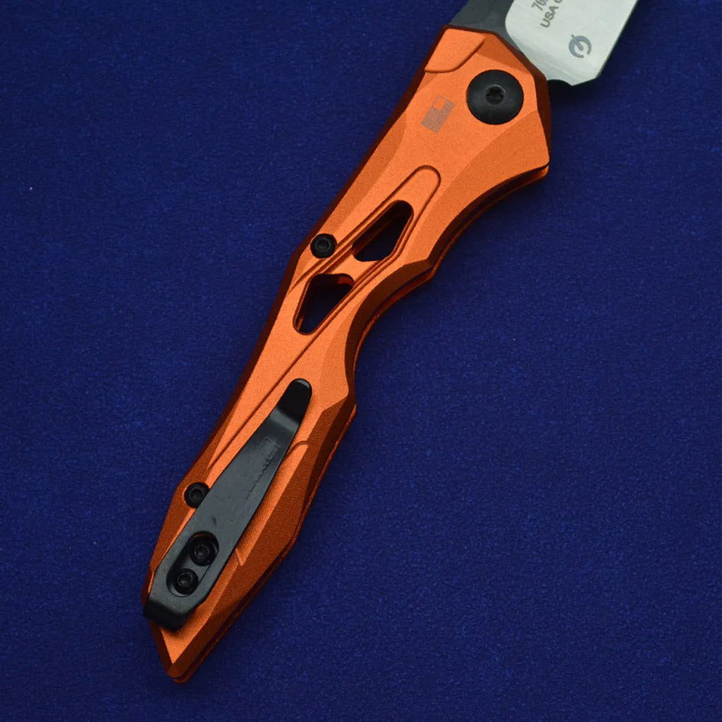 Black folding fruit knife with D2 steel blade and aluminium handle, shown open with measurements.