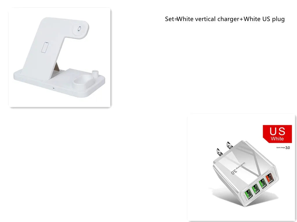 A white 4-in-1 wireless charger folded flat, showing charging pads for phone, Apple Watch, AirPods, and Apple Pencil.