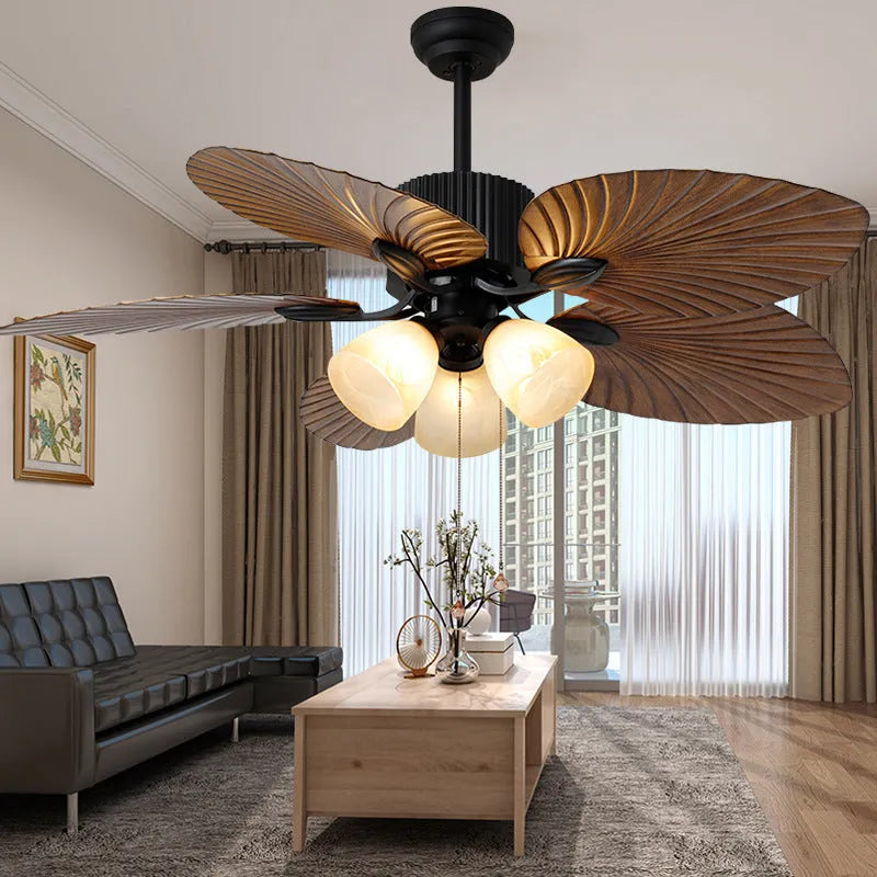 Palm-leaf fan vintage chandelier with wooden glue leaf blades and copper lampshade, 52-inch size