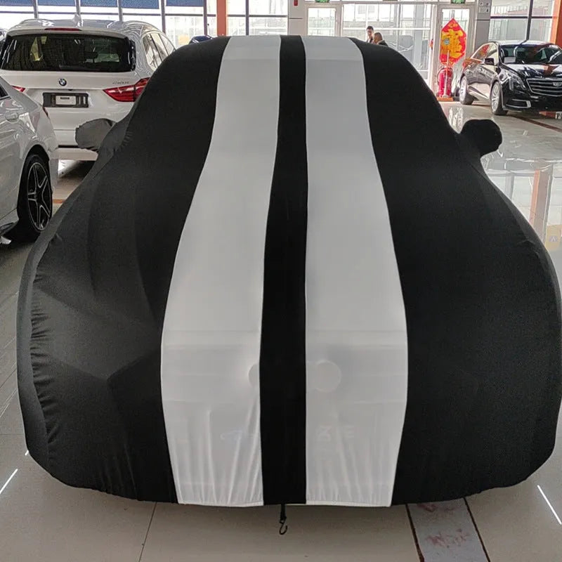 Ford Mustang car cover in elastic fabric shown in a choice of black, red, blue, grey, yellow, or orange.