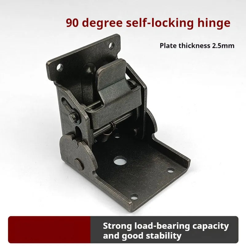 Folding furniture hinge with self-locking mechanism in multiple electroplated finishes including black bronze and matte black.