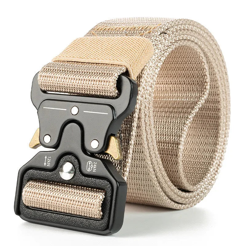 Men's tactical canvas belt with alloy release buckle in Army Green colour on a neutral background.
