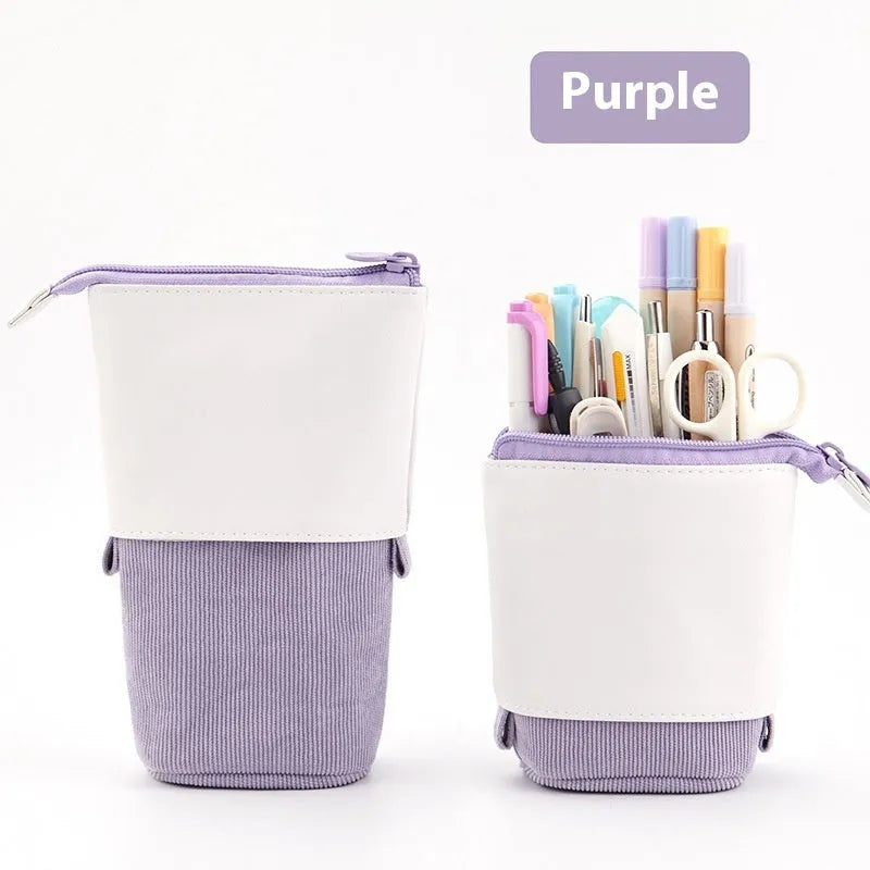 Soft PU corduroy telescopic pencil case in purple colour with drop-down open design.