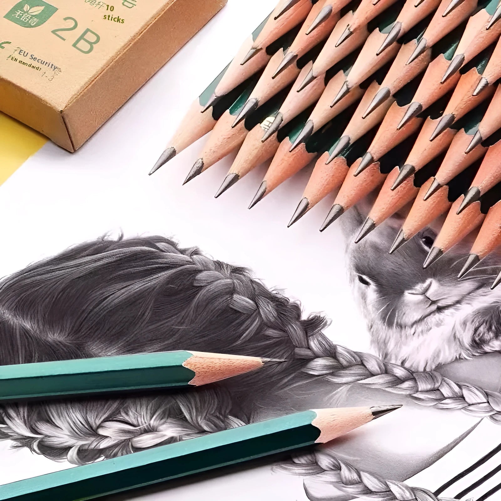 Set of 10 green hexagonal wooden pencils with HB and 2B graphite grades for writing and sketching