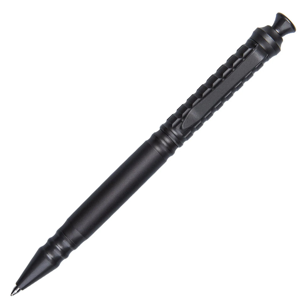 Gunmetal grey titanium alloy tactical pen with push-action mechanism on a gift box.