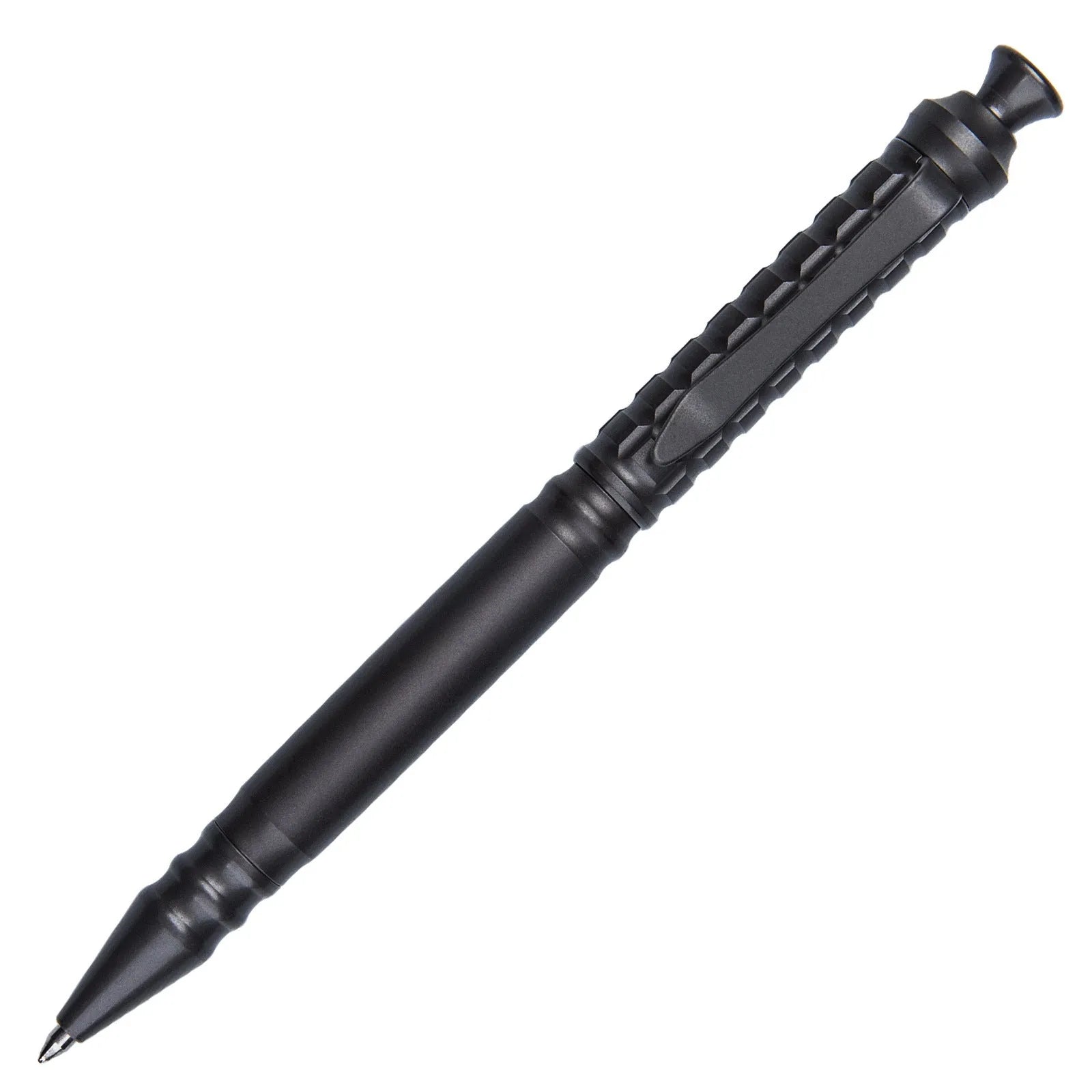 Gunmetal grey titanium alloy tactical pen with push-action mechanism on a gift box.
