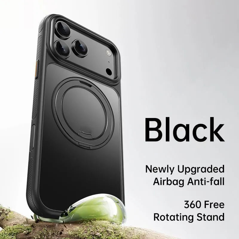 Black PU froster bracket phone case for iPhone 17 with damping sound drop protection