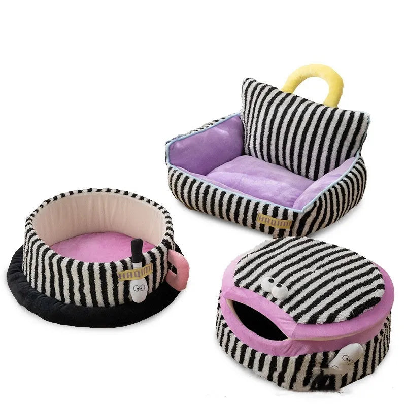 Striped three-piece soft pet bed set showing sofa nest, big mouth nest and teacup nest for dogs