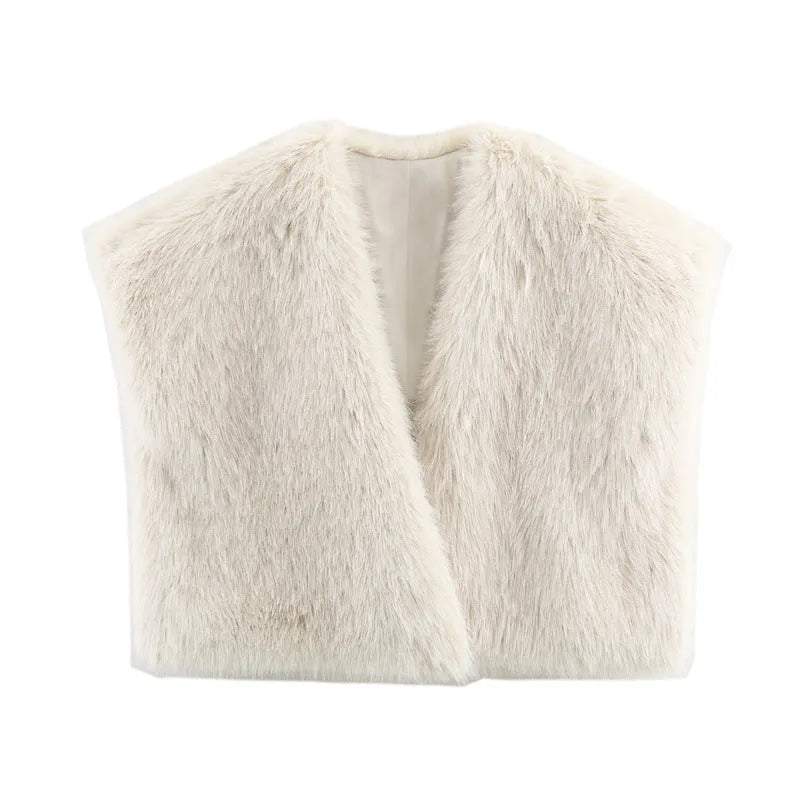 Faux fur effect vest for women in beige, v-neck, regular sleeve, soft texture